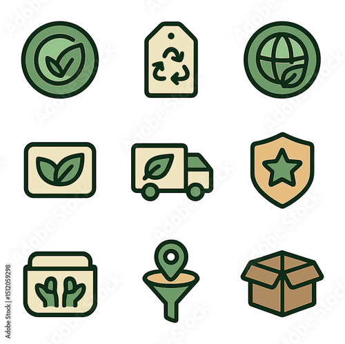 Eco Shopping Icons. Flat icon set of sustainable shopping apps: eco-friendly badge, recycled item tag, carbon