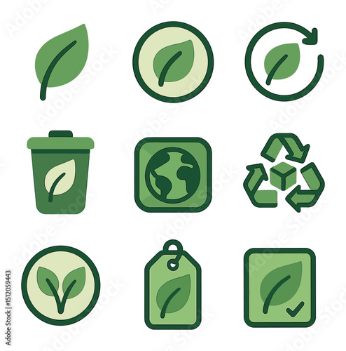Eco-Friendly Icon Set. Flat icon set of eco package symbols: leaf emblem, green product badge, compostable