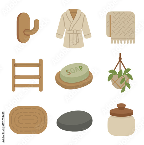 Eco-friendly Bathroom Icons. Flat icon set of eco-friendly bathroom decor: wooden hook, cotton robe, reusable