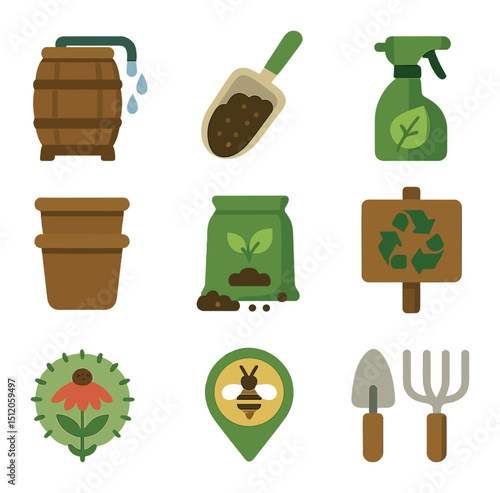 Eco-Friendly Gardening Icons. Flat icon set of eco-friendly gardening: rain barrel, compost scoop, natural