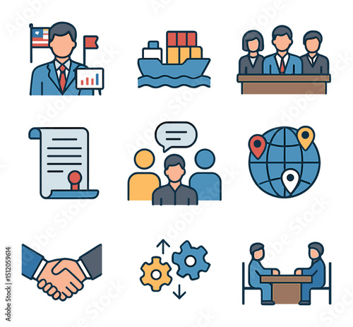 Economic Diplomacy Icons. Flat icon set of economic diplomacy: trade diplomat icon, international trade