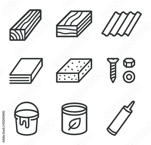 Material Selection Icons. Outline icon set of material selection: treated lumber, plywood sheet, metal sheet, PVC panel, composite