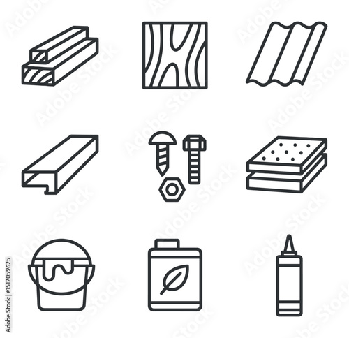 Material Selection Icons. Outline icon set of material selection: treated lumber, plywood sheet, metal sheet, PVC panel, composite