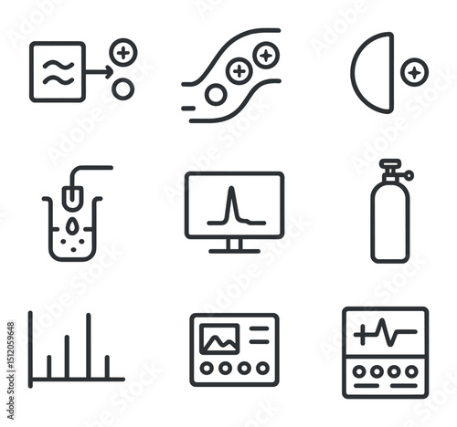 Mass Spectrometry Icons. Outline icon set of mass spectrometry technique: ion source, mass analyzer tube, detector ion, vacuum