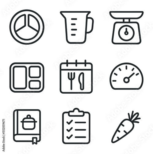 Meal Planning Icons. Outline icon set of meal planning and portion control: divided plate, measuring cup, food scale, meal prep