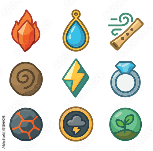 Elemental Icon Set. Flat icon set of elemental artifacts: fire crystal, water pendant, wind flute, earth