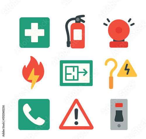 Emergency Response Icons. Flat icon set of emergency response signage: first aid cross, fire extinguisher icon