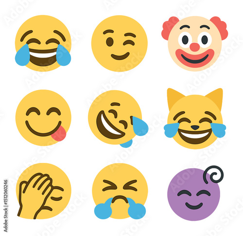 Emoji Humor Grid. Flat icon set of emoji-based humor: face with tears of joy, winking emoji, clown face,