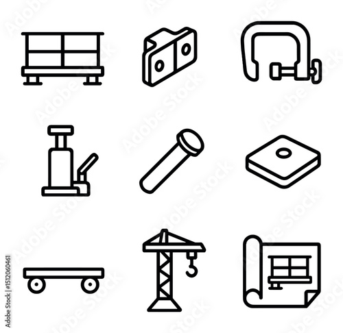 Modular Skybridge Icons. Outline icon set of modular skybridge systems: prefabricated module, connector bracket, quick-release