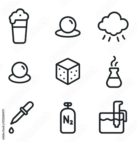 Molecular Mixology Icons. Outline icon set of molecular mixology elements: foam topper, spherification bead, liquid nitrogen cloud