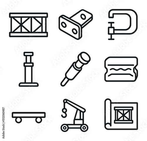 Modular Skybridge Icons. Outline icon set of modular skybridge systems: prefabricated module, connector bracket, quick-release