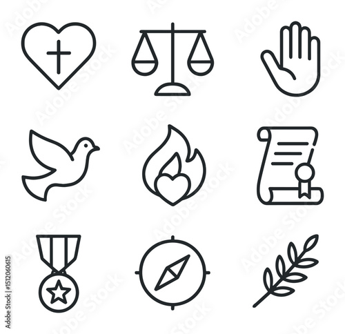 Moral Theology Icons. Outline icon set of moral theology: heart with cross, scales of justice, open hand, dove, flame of charity,