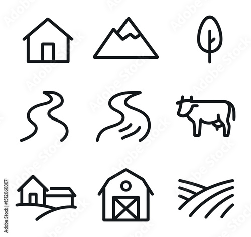 Mountain Village Icons. Outline icon set of village in the mountains: house, mountain, tree, road, river, animals, farm, barn,
