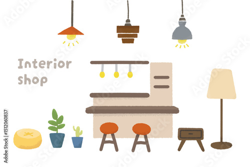 インテリアショップ　家具・照明器具・椅子・植物　暮らしのイラスト　home