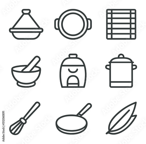 Multicultural Culinary Tools. Outline icon set of Multicultural culinary tools: tagine pot, paella pan, sushi mat, mortar and
