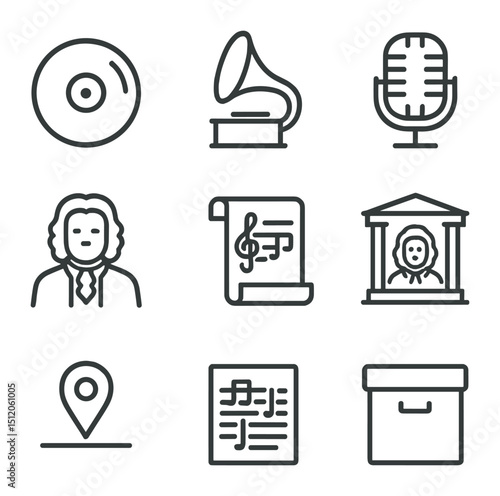 Music History Icons. Outline icon set of music history: vinyl record, gramophone, vintage microphone, historical composer portrait
