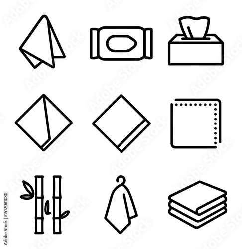 Napkin Icon Set. Outline icon set of napkin and towel alternatives: cloth napkin, wet wipe packet, tissue box, hand towel,