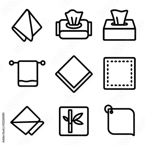 Napkin Icon Set. Outline icon set of napkin and towel alternatives: cloth napkin, wet wipe packet, tissue box, hand towel,