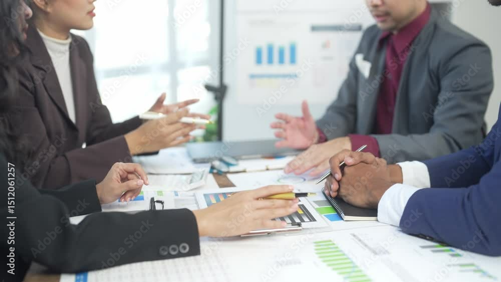 A group of people are sitting around a table with papers and graphs. They are discussing something important A group of people are sitting around a table with papers and graphs. They are discussing something important