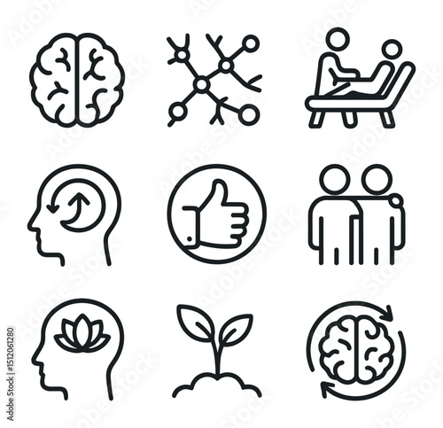 Neuroplasticity Icon Set. Outline icon set of neuroplasticity in recovery: brain, neural pathways, therapy, recovery, positive