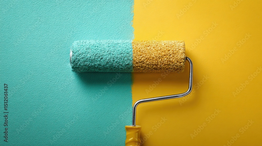 Obraz premium Paint roller applying teal and yellow paint on wall