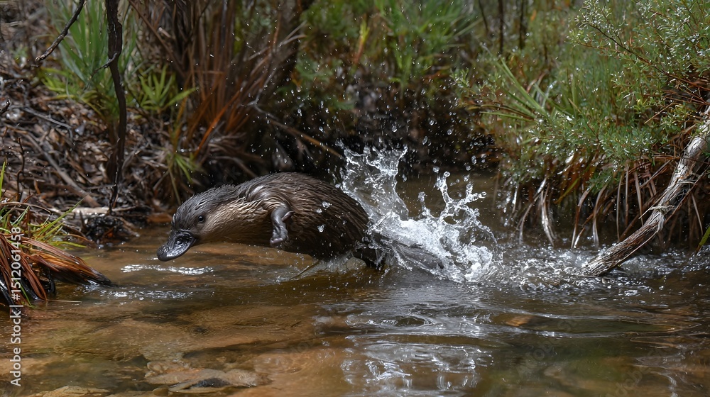 Fototapeta premium A playful platypus splashes in a serene stream surrounded by lush greenery and rocks