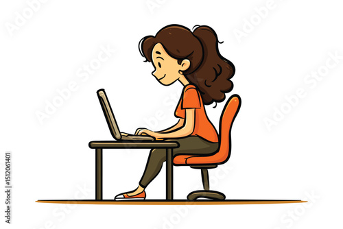 Cartoon illustration of a woman working on a laptop at a desk in a home office