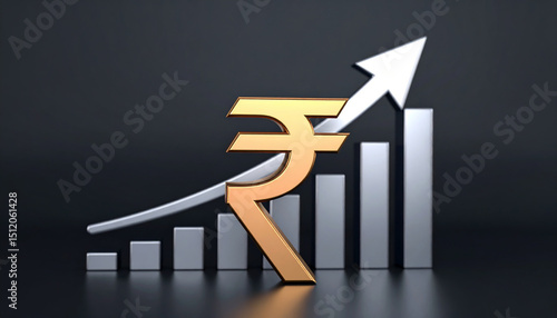 Indian rupee symbol made of solid materials like gold and silver; placed on platform with solid studio background