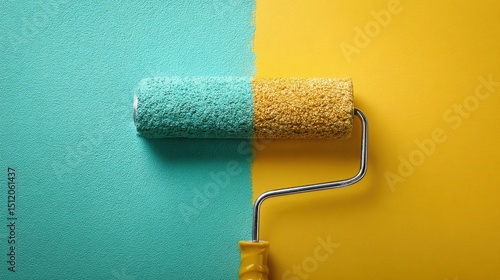 Paint roller applying teal and yellow paint on wall