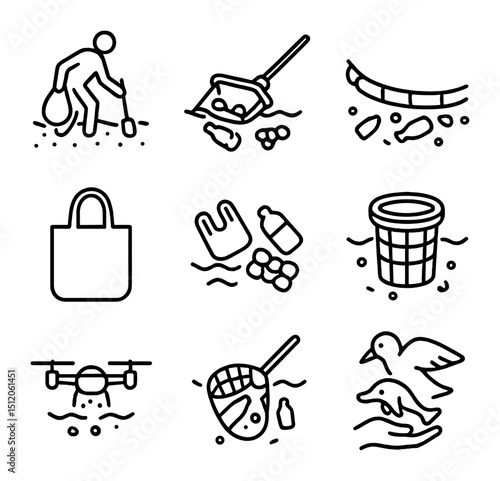 Ocean Cleanup Icons. Outline icon set of ocean cleanup efforts: beach cleanup, plastic skimmer, floating barrier, reusable tote,