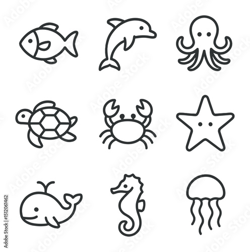 Ocean Creatures Icons. Outline icon set of ocean creatures coloring worksheet: fish, dolphin, octopus, sea turtle, crab, starfish,