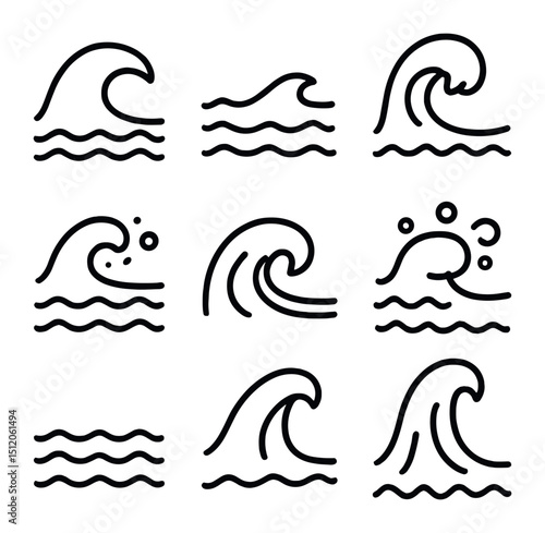 Ocean Waves Icons. Outline icon set of ocean waves: crest, trough, swell, breaker, whitecap, tidal bore, wave foam, ripple, rogue