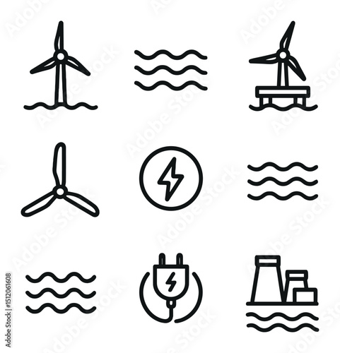 Ocean Wind Power Icons. Outline icon set of ocean wind power generation: wind turbine, sea, platform, blades, energy, ocean,
