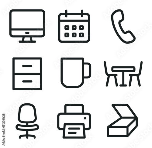 Office Icon Grid. Outline icon set of agency office life: desktop computer, calendar planner, telephone handset, file cabinet,