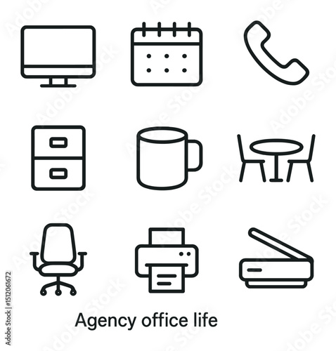 Office Icon Grid. Outline icon set of agency office life: desktop computer, calendar planner, telephone handset, file cabinet,