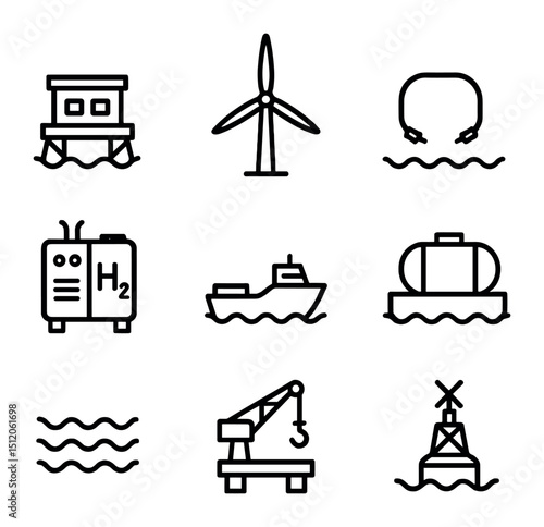 Offshore Wind Icon Set. Outline icon set of offshore wind hydrogen project: offshore platform, wind turbine, undersea cable,