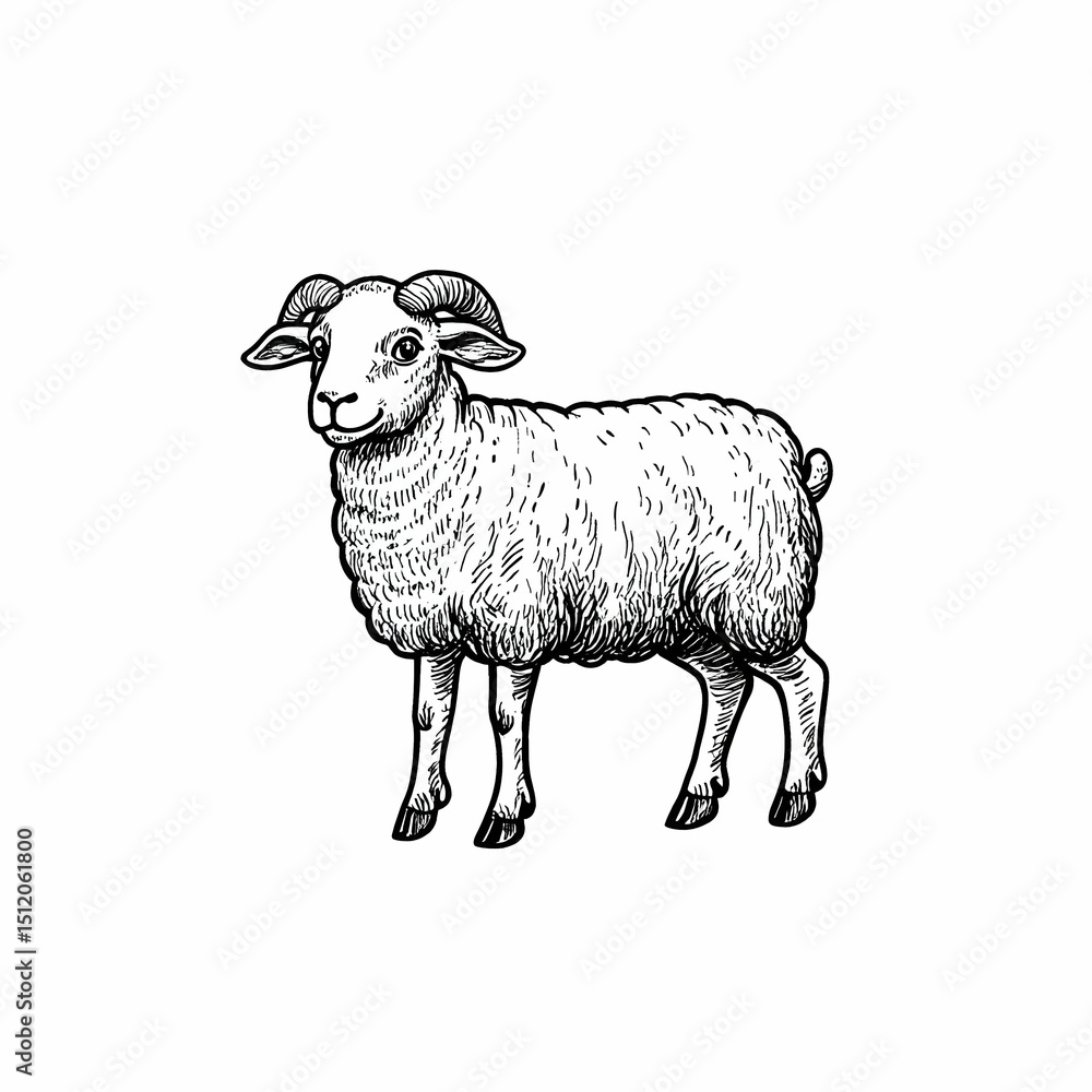 Fototapeta premium Woolly sheep cartoon drawing in black and white