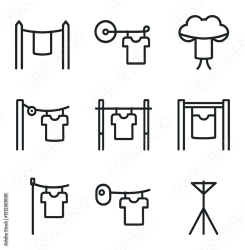 Outdoor Clothesline Icon Set. Outline icon set of outdoor clothesline styles: wooden pole line, retractable reel line, rope