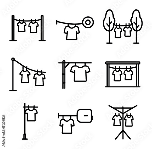 Outdoor Clothesline Icon Set. Outline icon set of outdoor clothesline styles: wooden pole line, retractable reel line, rope