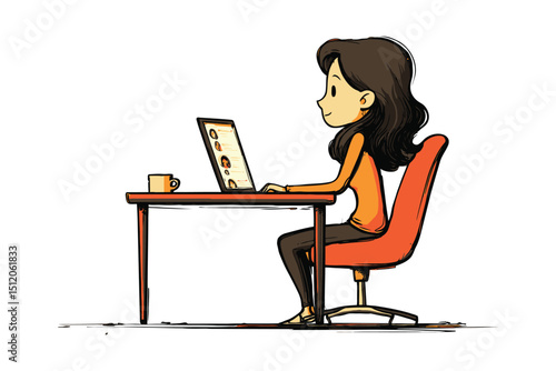 Cartoon woman working on a laptop at a desk in home office environment