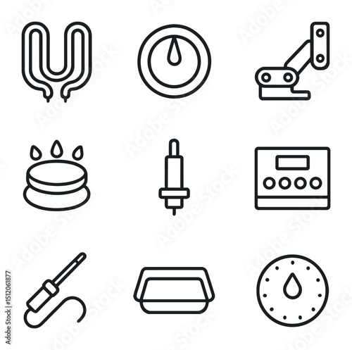 Oven Repair Icons. Outline icon set of oven and stove repair: heating element, thermostat knob, oven door hinge, gas burner,