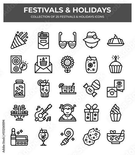 25 Festival & Holiday Icons. A vibrant collection of party. summer. and celebration icons