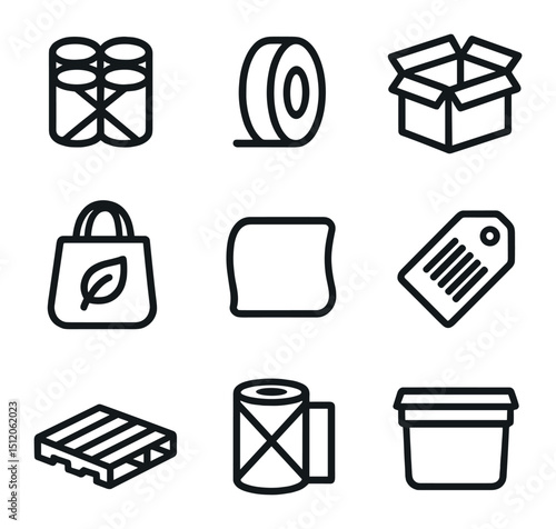 Packaging Icon Set. Outline icon set of packaging and storage: shrink wrap pack, cardboard core, bulk case, eco bag, label sticker