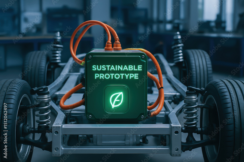 Fototapeta premium Sustainable engineering work electric vehicle prototype with visible chassis and wiring workshop environment inspiring innovation and progress