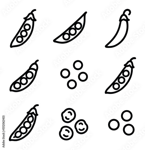Pea Varieties Icons. Outline icon set of pea varieties: garden pea, snow pea, sugar snap pea, dwarf pea, heirloom pea, field pea,