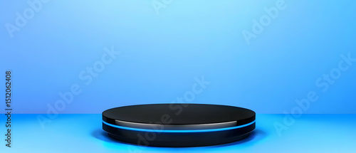 Empty Black Podium With Blue Light On Blue Background