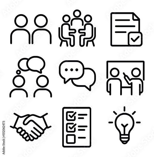 Peer Learning Icons. Outline icon set of peer learning: two silhouettes talking, group study circle, shared document, thought