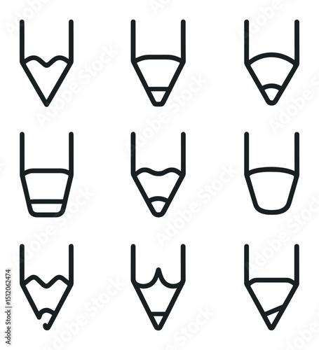 Pencil Tip Icon Set. Outline icon set of pencil tip shapes: sharp point, chisel edge, rounded tip, broad tip, wedge tip, stubby