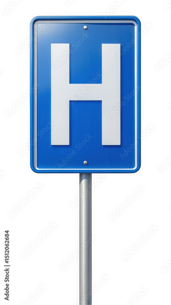 A clear and bright hospital sign featuring a large white 'H' on a blue background, indicating a healthcare facility nearby. A clear and bright hospital sign featuring a large white 'H' on a blue background, indicating a healthcare facility nearby.