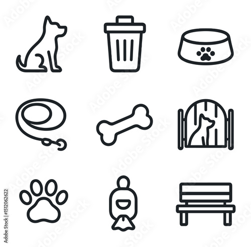 Pet-Friendly Icon Set. Outline icon set of pet-friendly amenities: dog silhouette, waste bin, water bowl, pet leash, bone toy, dog